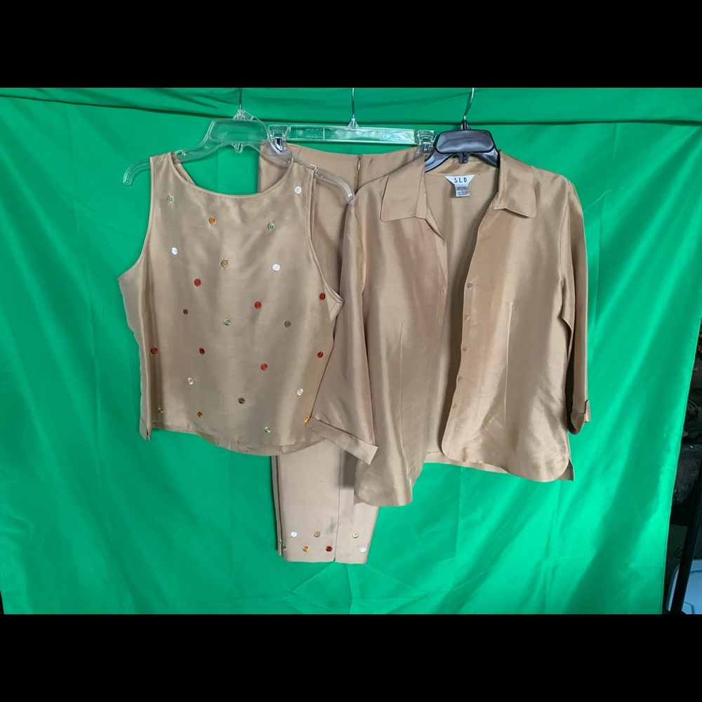 S.L.B. 3 pc Silk Ensemble of Jacket, Sleeveless top and Crop Pants.
